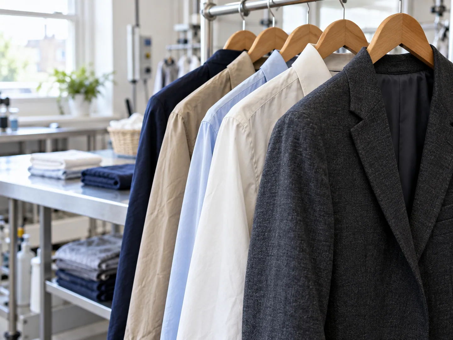 Clean jackets and shirts hanging together