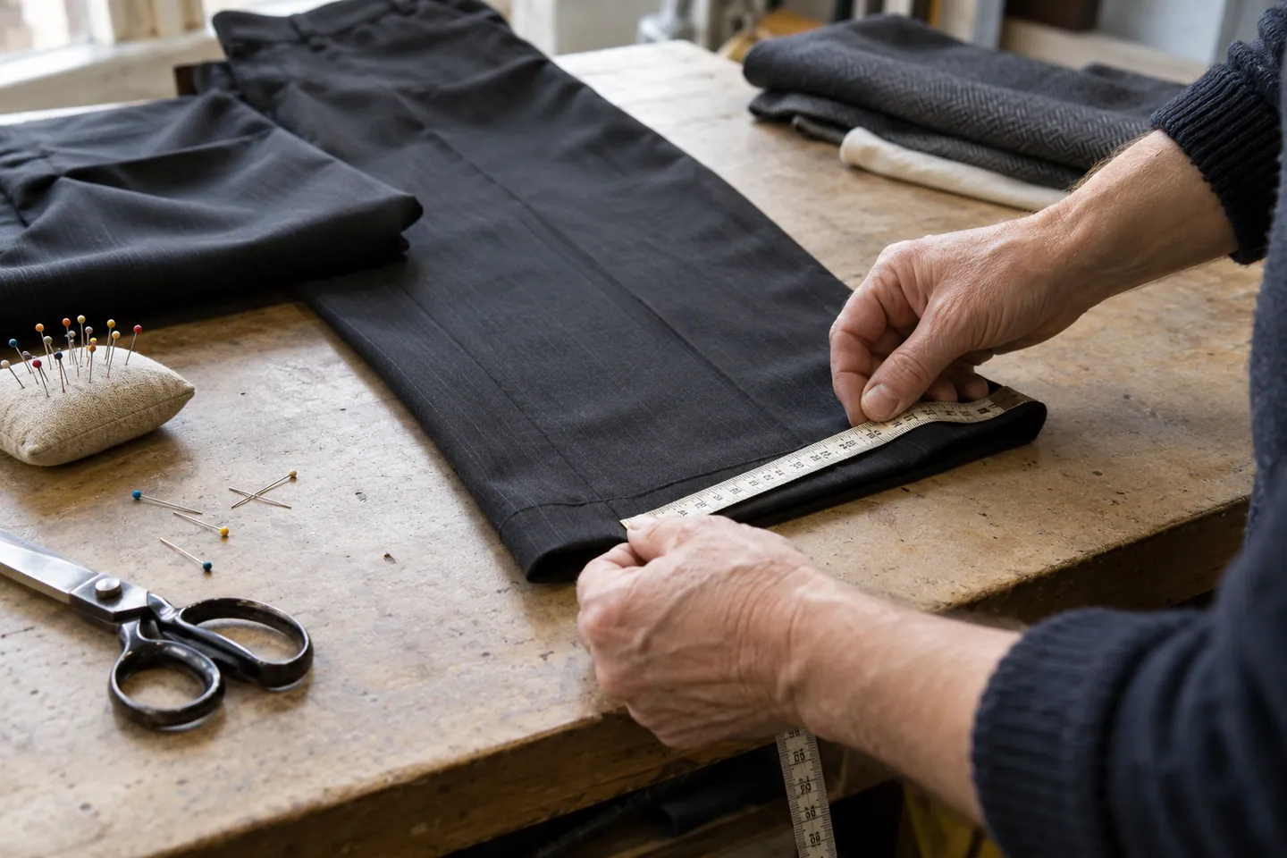 Hands measuring the hem of a pair of trousers
